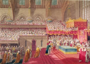 Prozession des Dekans und der Präbendare von Westminster mit den Reichsinsignien, aus einem Album zur Feier der Krönung von König Georg IV. (1762-1830) am 19. Juli 1821, gestochen von Matthew Dubourg (tätig ab 1786)